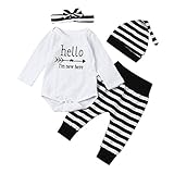 杜屋トヤ　新生児服　Hello I'm new here　上下セット　長袖ロンパース＋パンツ＋帽子＋ヘッドスカーフ　四点セット　ルームウェア　英字　ボーダー　かわいい　秋　冬　カジュアル　遊び　お出か