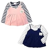 (ピンク/95cm)子供服 女の子 Tシャツ 長袖 重ね着風 キャミソール Aライン リボン ワッペン ボーダー 女児 ベビー