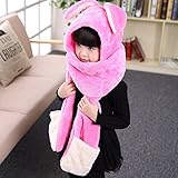 子供用　ウサギデザイン　かわいい　多機能　帽子　マフラー　手袋　耳覆い機能　スカーフ　グローブ　ふわふわ　防寒対策　キッズ　女の子対応　ワンピース (ピンク２)