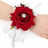 FAYBOXフランネルOpenローズSilvery Blingリボンラインストーンストレッチブレスレットウェディングプロム手首コサージュHand Flower SWH60059RED-2