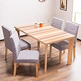 【木目を生かした北欧テイスト お洒落なダイニング5点セット (4人掛け用)】天然素材テーブル仕様 割れ・ゆがみが起こりにくい ガタツキ防止アジャスター付 優しいファブリックチェア 適度なクッション性 (テーブル ナチュラル色・椅子 グレー色