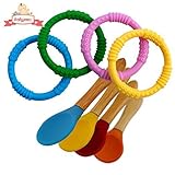 Baby Teether & Spoons BUNDLE - BPA Free - 4 Silicone Teether Rings with 4 Bamboo Toddler Spoons [並行輸