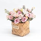 velener人工シルクローズフラワーwith Mini Rattan Basket for結婚ホームデコレーション(ピンク)