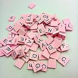 100木製スクラブルタイル木製Crossword Game Alphabets Letters Numbersクラフトby saingace ピンク