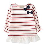 Plus Nao(プラスナオ) 長袖カットソー ボーダートップス チュニック 子供服 女の子 女児 キッズ KIDS 小学生 秋 ボーダー柄 リボン 裾フリ レッド 130