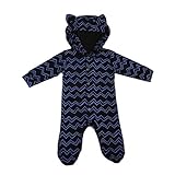 ベビーロンパース　猫ちゃん耳フードつき　パーカ　男の子　子供服　長袖　前開　カジュアル　足つき (80, 紺色)