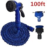 ガーデンホース庭、灌漑、車の洗濯、窓、街路清掃のための7つの機能金属スプレーノズルで拡張可能でフレキシブル,Blue,100Ft