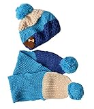 Plus Nao(プラスナオ) 子供用 ニット帽＆マフラー 2点セット セットアップ くまさん付き ボンボン付き ボーダー バイカラー ビーニー ベビ - ブルー