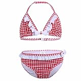 （フィーショー)FEESHOW 子供 水着 女の子 セパレート キッズ ビキニ 2点セット チェック柄 キュート 子供 女児 ジュニアスイムウェア レッド 164/14（10-12歳）