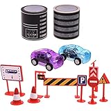 BCP 9 Pieces Street Signs Playset with 2 Rool DIY Trains Railways Roadテープand 2pcs Mini Vehiclesセット