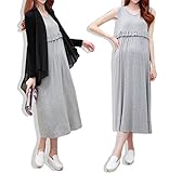 hanano 授乳ファスナー マタニティ フリル 着痩せ ロング ワンピース ＆ カーディガン【全２色】 (M, カーディガンset(グレー))