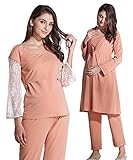 Sweet Mommy マタニティ 前開きパジャマ ガウン 上下パジャマ 3点セット ウエスト調節機能 レーススリーブ ワンピース風 長袖 プリーツ サイドポケット 入院準備 ナイティ 産前産後 授乳