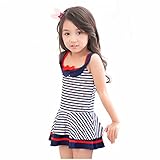 子供水着 キッズ水着 水着 女の子 ボーダー柄 ワンピーススイムウエア 女の子 子供水着 みずぎ かわいい リボン 水着 オシャレ ワンピース スイムウエア ネイビー (M, ネイビー)