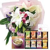 花とスイーツ ギフトセット 豪華 ユリ ピンクバラ 花束 と フリーズドライ 味噌汁ギフトA 写真入り・名入れメッセージカード