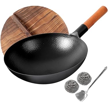 手作り鍛造 26cm中華鍋 1606g 木製鍋蓋付き 手作り鍛造 26cm中華鍋 1606g