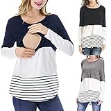 授乳Tシャツ Hosam マタニティウェア Tシャツ 妊娠服　授乳服 長袖 縞柄 おしゃれ 授乳 産前 産後 妊婦用 授乳用 ルームウェア 入院服 お出かけにも (M, ネイビー)