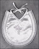 Embroidered Floral Latin Cross on White Satin Organza Lace Trim Baby Baptism Bib by Trinity