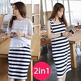 【10000108624】ノースリーブボーダー柄授乳ワンピ×半袖Tシャツ セット 授乳服 ワンピース onepiece マタニティウェア 授乳トップス (フリー, ネイビー)