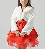 Candykids ポンポンリボン　ファー ボレロ ポンチョ カーディガン ケープ フォーマル　ガールズ　キッズ　子供 結婚式 七五三 発表会 披露宴 パーティ (S（1-3歳）, ホワイト)