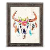 Bull Skull – Light Tan : Cow Skull with Roses & Feathers壁アートプリント 11x14 BOH0000026FRA11X14BW