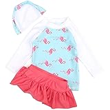 [Mon Ange] 女の子 水着 フラミンゴ柄 ラッシュガード キッズ スイミング 3点セット 水遊び ガールズ みずぎ (ブルー, 140)