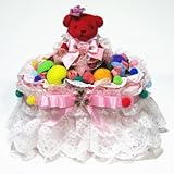 レースやお花のカラフルな1段角丸形おむつケーキ/ボックスタイプ (ピンク)