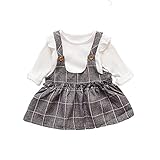 Pojour ベビー服 女の子ワンピース 春秋 子供可愛い無地Ｔシャツ＋つりグリッドワンピース キッズドレス２セット 長袖ドレス 女児プレゼント ガールズスカート お出かけ 綿 通園 通学 出産祝い