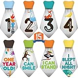Original Stick'Nsnap (TM) 15 Baby Monthly Necktie Onesie Stickers - "Happy Animals" (TM), Gray. Mile