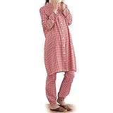 【春夏向け・綿１００％・入院準備に】授乳対応マタニティ長袖ロング丈パジャマ　　レッド系チェック柄　サイズ:マタニティS