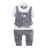 Wanghongセットアップ　ベビー　男の子　2点セット　Tシャツとズボン　長袖　ベスト　チェック柄　子供服　キッズ　赤ちゃん　フォーマル スーツ　上下セット　リボン　出産祝い　セレモニー　結婚式　七