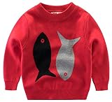 [スゴフィ]SGFY　セーター ボーイズ スウェット ガールズ ベビー キッズ コットン ニット トップス 男の子 子供服 女の子 クルーネック 魚柄 (90, レッド)