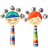 2個鮮やかな色スマイルレインボーハンドル木製ベルJingle Stick Shaker Rattleベビーキッズ子供ミュージカルおもちゃ