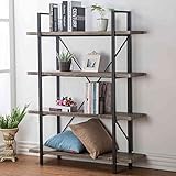 HSH Furniture 4-shelf Vintage Industrial Bookshelf Rustic Wood and Metal Bookcase Open Wide Office E