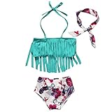 子供服　女の子　水着　タッセル　トップス　フラワー　ショーツ　ヘッドバンド　上下セット　三点　スイミング ウェア (シアン, 0-1歳)