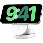 【Amazon.co.jp限定】 Belkin 2 in 1 ワイヤレス充電スタンド Qi2公式認証/MagSafe対応 iPhone17,16~12/スマホ(最大15W高速充電) ワイヤレス充電対応イヤホン(5W充電) スタンバイモード対応 折り畳