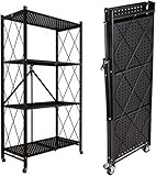 メタルラック 幅70 キャスター付き 折りたたみ スチールラック 棚 キッチン オープンシェルフ 収納棚 レンジ台 トースター 食器 組立済み 防サビ加工 折り畳み棚 3段4段5段 家庭用 業務用 大容量 移動便利(4段 幅70×奥行34×高さ127cm, 黒)