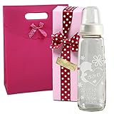 TEATSIGHT お名前入り 哺乳びん 名入れ 彫刻 フラワードッグ 240ml ガラス製 (ピンクラッピング)