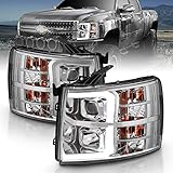 AmeriLite 2007-2013 シボレー シルバラード 1500/07-14 シルバラード 2500HD 3500HD LED チューブ クアッドプロジェクター クロームヘッドライトアセンブリセット - 助手席と運転席側