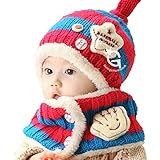 【Anjelly】 ベビー ＆ キッズ 用 ニット帽 & マフラー (ボタン付き ネックウォーマー ) セット ベースボール 選べる6色 (ローズピンク×ブルー)