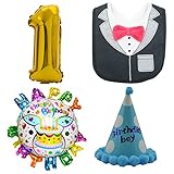 誕生日 1歳 パーティー 飾り 5点 セット 数字風船 バースデー風船 三角帽 スタイ よだれかけ ハンドポンプ (男の子)