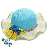 Spinas(スピナス) ベビー キッズ 夏 麦わら帽子 鈴付き 3D フラワー モチーフ リボン てんとう虫 コサージュ 女の子 全5色（ピンク　ブルー　レッド　イエロー　パープル） (ブルー)