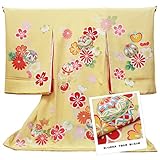 【お宮参り着物】【淡い山吹色系 毬に花の柄】女の子 手描友禅 金駒刺繍 正絹【風呂敷プレゼント / ギフト対応】