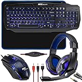 Ritz Gear ゲーミングアクセサリーキット (ブルー) 4イン1 LEDバックライト バンドル PCコンボ マルチメディアキーボード付き 光学式マウス マウスパッド&ヘッドセット アダプター付き Windows 7+ デスクトップ ノートパソコン Xbox PS4用