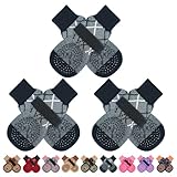 BINGPET 犬 靴下 犬用靴下 滑り止め 足保護 6個セット 肉球保護 犬の靴下 柔らかい 脱げない ペットソックス かわいい犬の足跡 防寒 転倒防止 秋冬 屋内用 通気性 介護 老犬 サポート 足舐め防止 かわいい おしゃれ 小型犬 中型犬 大型犬 シニア犬用 （グレー、SM）