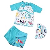 「楽々セレクトショップ」2018年新発売 キッズ 水着 男の子　キャップ付き スイムウェア　セパレート 旅行 キュート　日焼け防止　伸縮性　海辺 温泉 記念写真　90～140cm　３点セット (90,