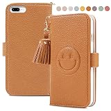 iPhone8 plus 携帯ケース 手帳型 かわいい プレゼント スマイリー 携帯カバー タッセル お洒落 シンプル 財布型 高級PUレザー 耐衝撃 ワイヤレス充電対応 (iPhone 8plus/7plus/6plus/6splus 兼用(5.5"), ブラウン)