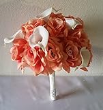 コーラルラインストーンローズカラーリリー柄ブライダルウェディングブーケ&ブートニア 12" Bouquet
