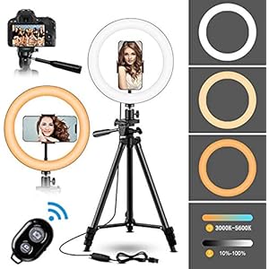 LEDリングライト 10インチ 三脚 Amzdeal 自撮りライト リングライトセット 3000K-5600K 伸縮スタンド 3調色モード 10段階調光 360°回転 USB 撮影照明キット スマホホルダー& Bluetoothリモコン付き 美肌・美顔 補助光 Vlog、Youtube ビデオ/自撮り写真/美容化粧/カメラ撮影 Web会議 ライブ 生放送(10inch)