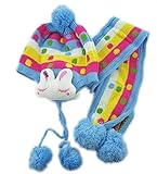 Plus Nao(プラスナオ) 子供用 ニット帽＆マフラー 2点セット セットアップ 耳あて付き うさぎ付き ボンボン付き ボーダー バイカラー ベビー キッズ 女の子 男の子 冬帽子 - スカイブル