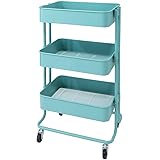 キッチン収納 キャスター付き キッチン用品 キッチン家具 キャスター付きワゴン カウンターワゴン キッチンワゴン 3段ワゴン バスケットトローリー バスケット おしゃれ 収納 3段 (ターコイズ)